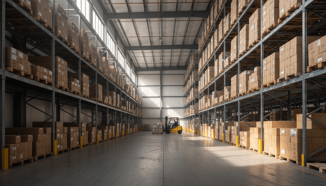 Inside a clean, organized Toronto warehouse with tall racks and a forklift