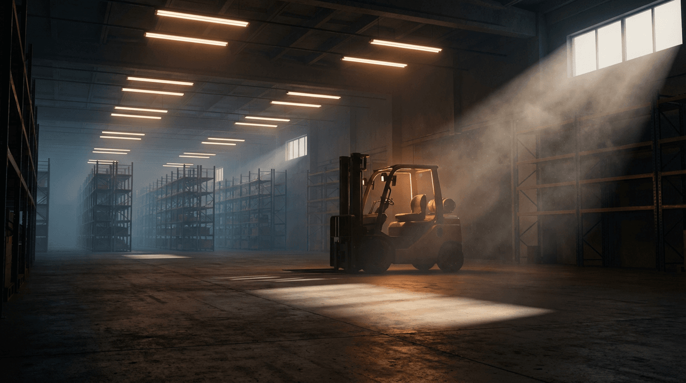 Warehouse operations floor with organized shelving and staff