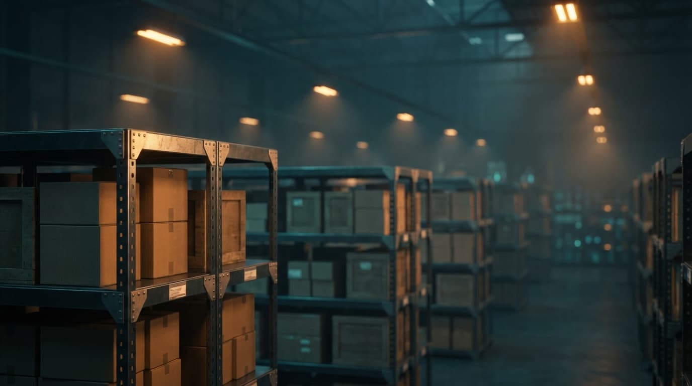 Orderly warehouse aisles with stacked pallets and marked paths