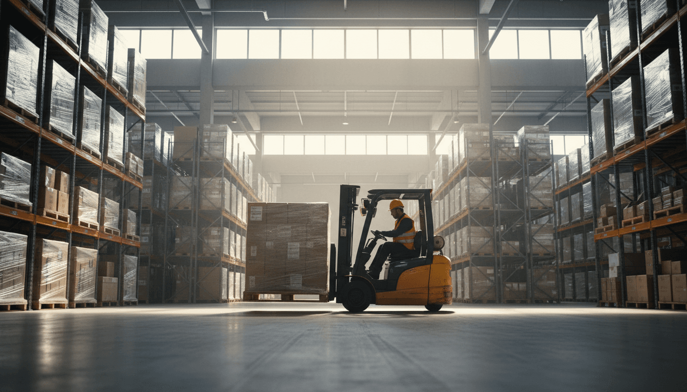 Forklift storing a pallet on a high warehouse rack