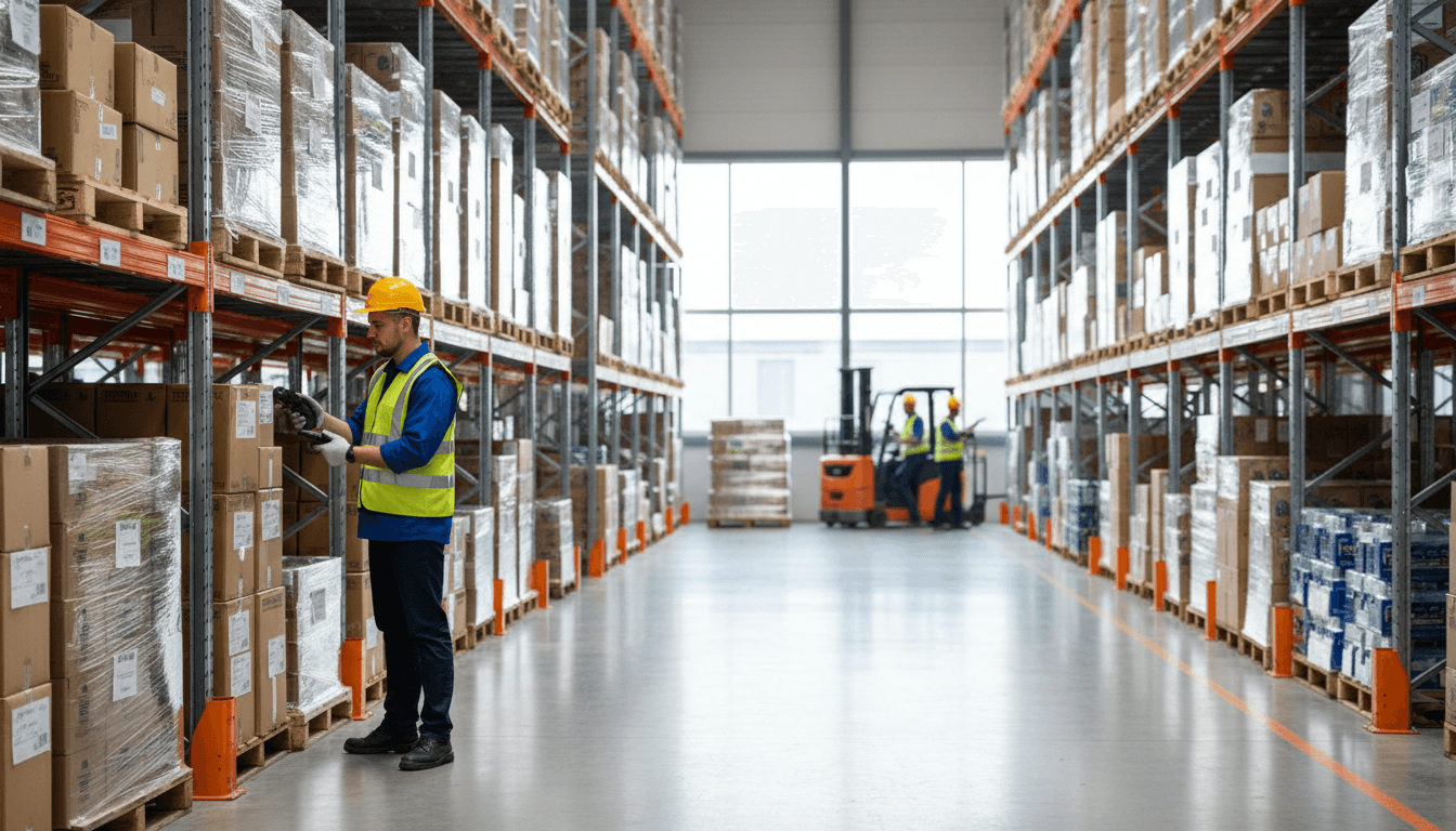 Warehouse worker scanning boxes and stacking them on a pallet